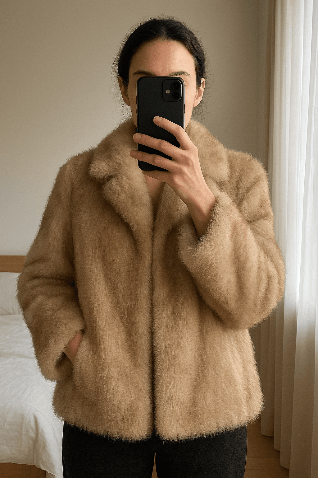 Abrigo corto de piel sintética color beige marrón camel talla 40 de pie, mirando a la cámara, en un dormitorio con luz suave y natural filtrándose por la ventana.