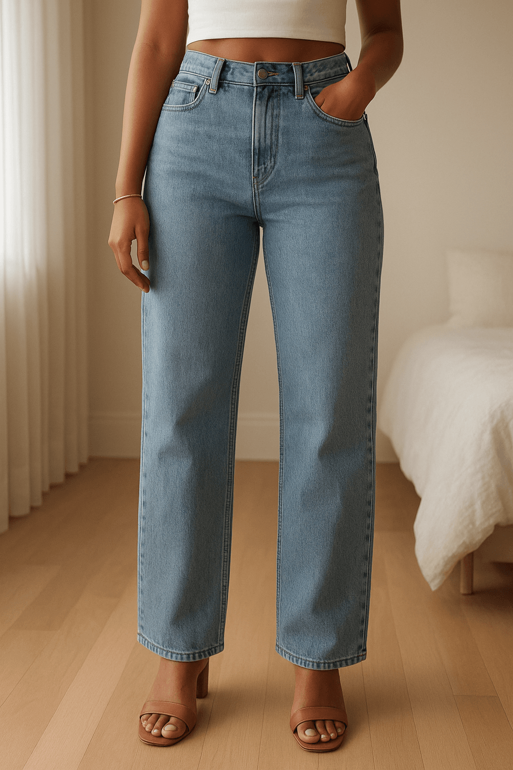 Schöne Jeans Hose Frauen aufrecht stehend, der Kamera zugewandt, in einem sanft beleuchteten Schlafzimmer, mit natürlichem Licht, das durch ein Fenster fällt.