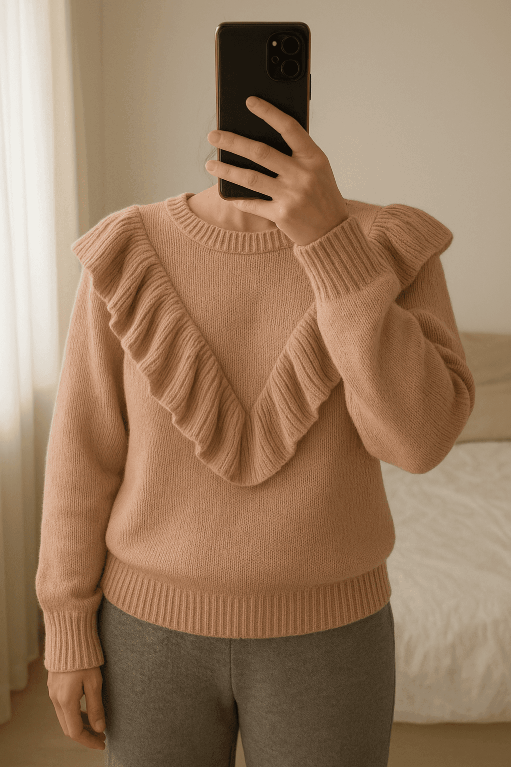 Rosa Strickpullover mit Volants-Große M aufrecht stehend, der Kamera zugewandt, in einem sanft beleuchteten Schlafzimmer, mit natürlichem Licht, das durch ein Fenster fällt.