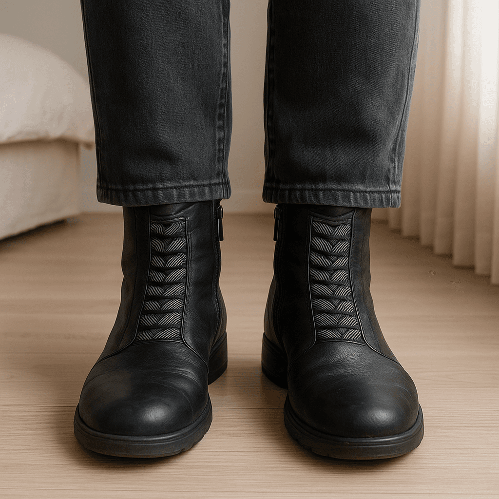 Botas de boa qualidade usadas muitas vezes em pé, de frente para a câmera, em um quarto com iluminação suave e luz natural filtrando pela janela.