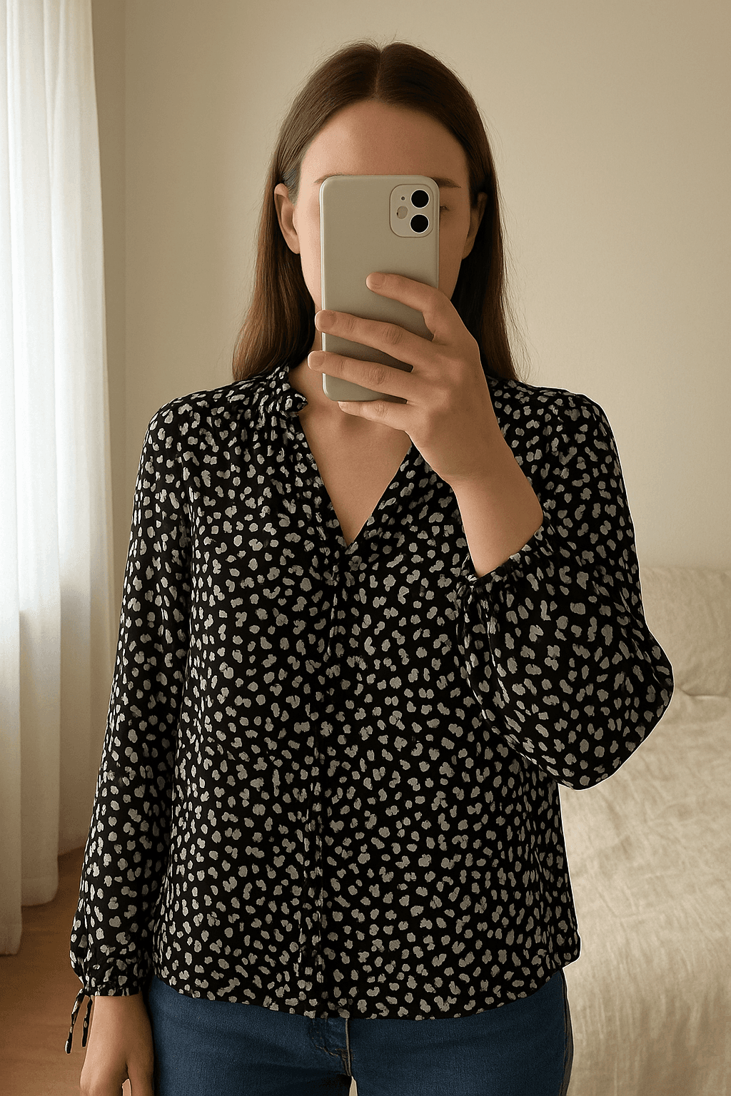 Jolie blouse Kookaï motif léopard aufrecht stehend, der Kamera zugewandt, in einem sanft beleuchteten Schlafzimmer, mit natürlichem Licht, das durch ein Fenster fällt.