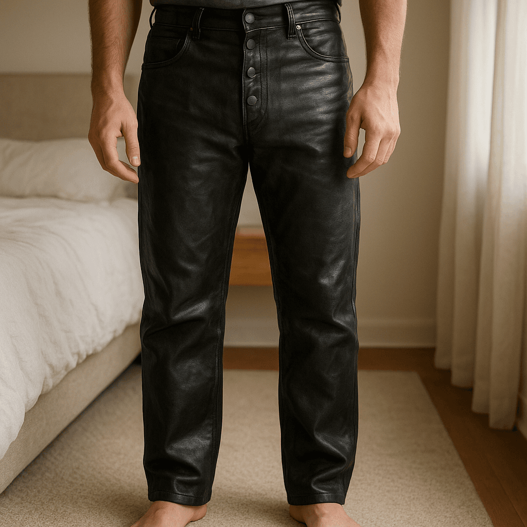 Man black leader trousers de pie, mirando a la cámara, en un dormitorio con luz suave y natural filtrándose por la ventana.