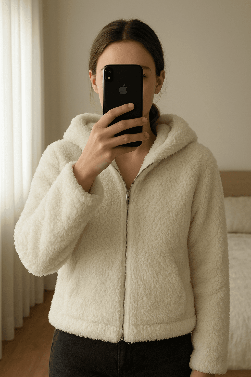 Teddymantel aus weißem Kunstfell aufrecht stehend, der Kamera zugewandt, in einem sanft beleuchteten Schlafzimmer, mit natürlichem Licht, das durch ein Fenster fällt.