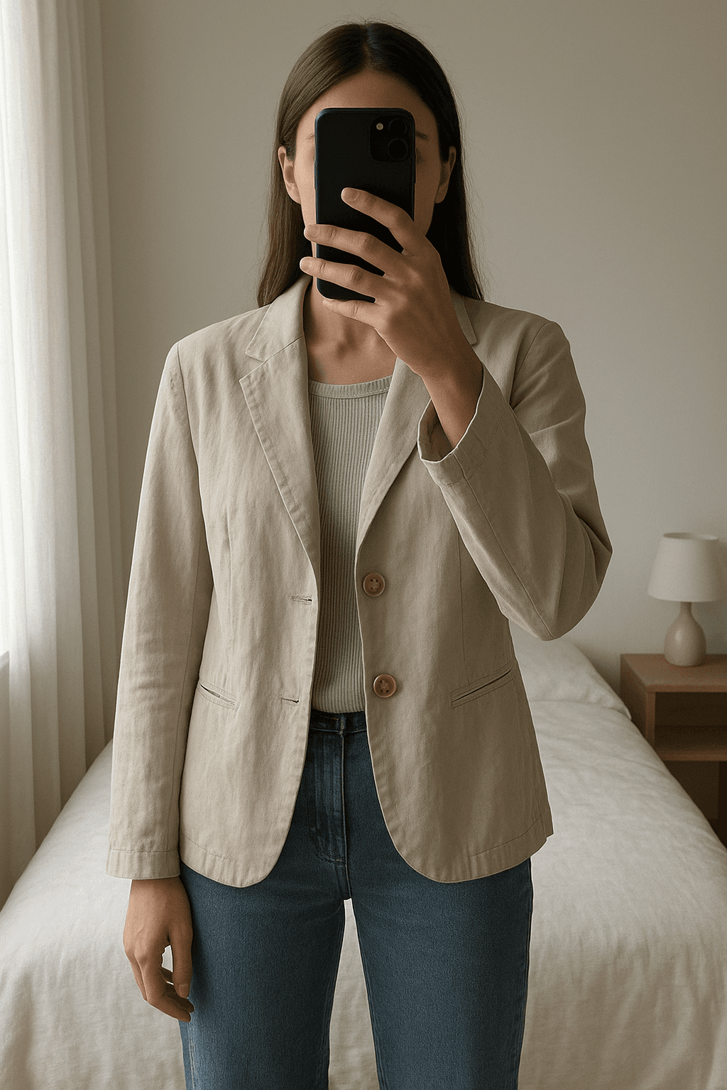 Americana Stradivarius XL beige de pie, mirando a la cámara, en un dormitorio con luz suave y natural filtrándose por la ventana.