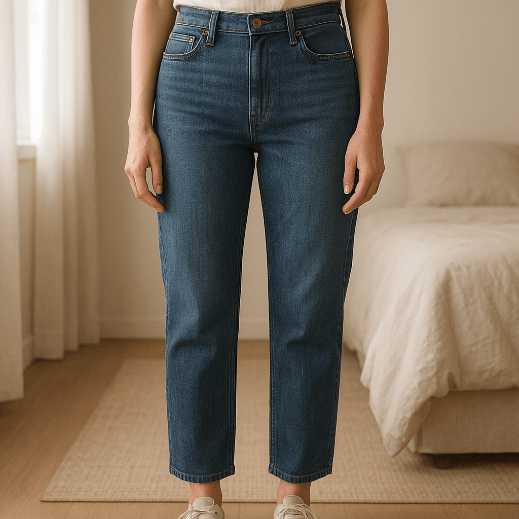 Jeans da Levi's em pé, de frente para a câmera, em um quarto com iluminação suave e luz natural filtrando pela janela.