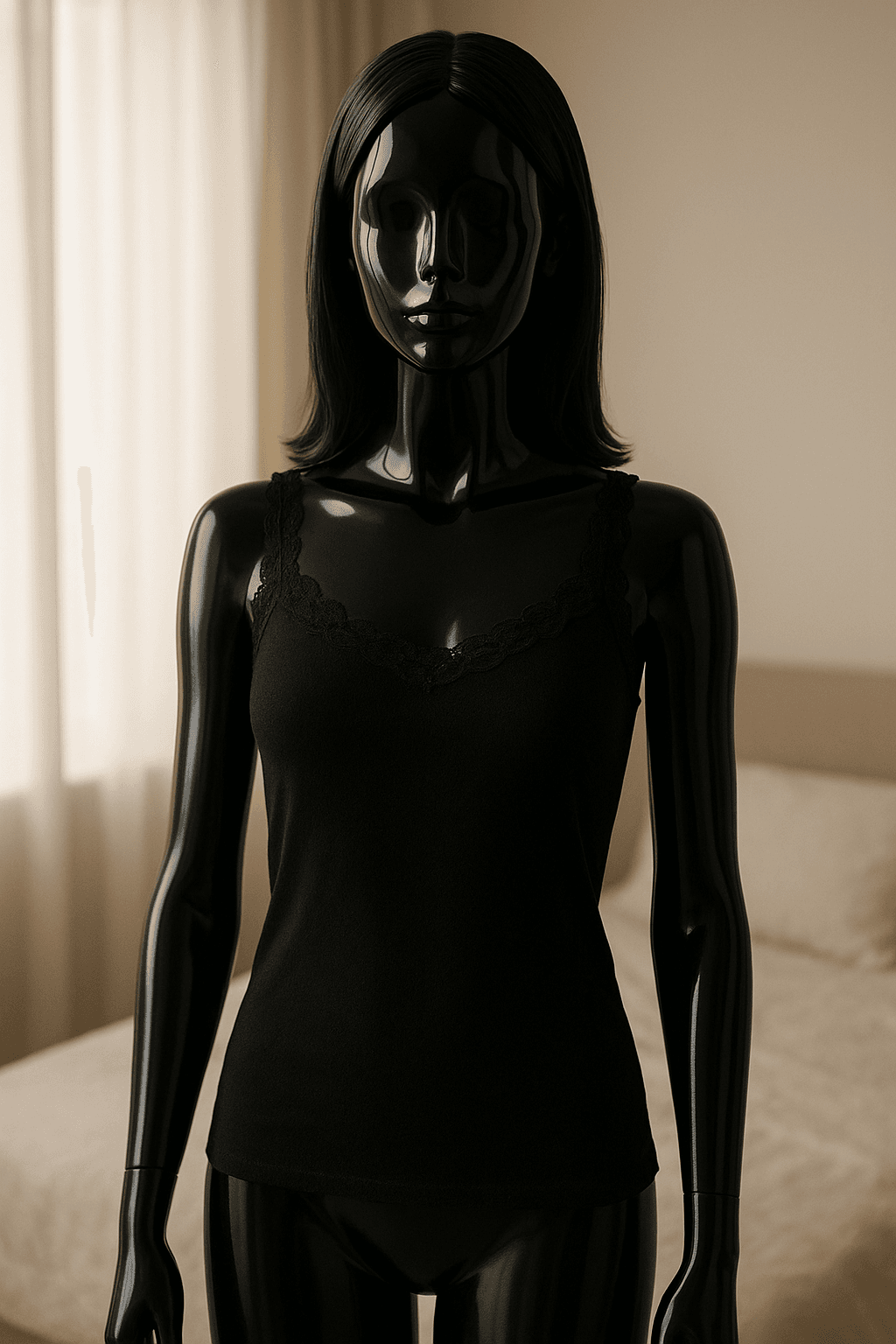 eine glänzende schwarze Kunststoffpuppe ohne Gesichtszüge in Top pizzo schwarz aufrecht stehend, der Kamera zugewandt, mit schlanker Figur, in einem sanft beleuchteten Schlafzimmer, mit natürlichem Licht, das durch ein Fenster fällt.