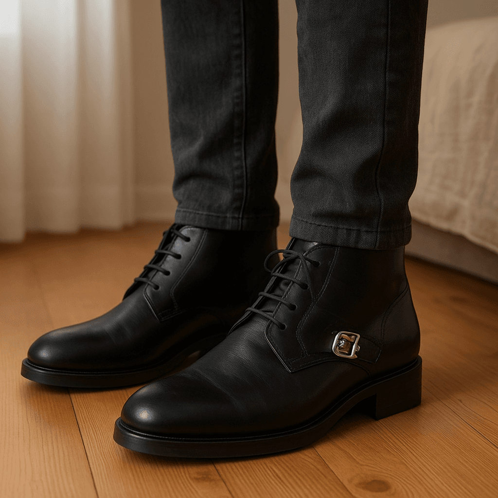 Men black leather Cesare Paciotti ankle boots with zipper de pie, mirando a la cámara, en un dormitorio con luz suave y natural filtrándose por la ventana.