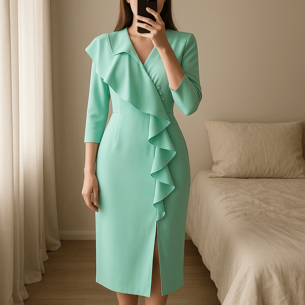 Una persona con Vestido azul agua Marisol de pie, mirando a la cámara, con tipo de cuerpo delgado, en un dormitorio con luz suave y natural filtrándose por la ventana.