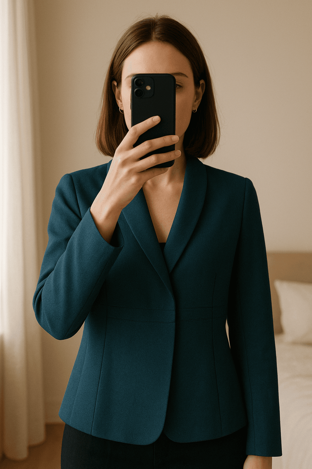 Superbe veste blazer Ba&sh vert canard em pé, de frente para a câmera, em um quarto com iluminação suave e luz natural filtrando pela janela.