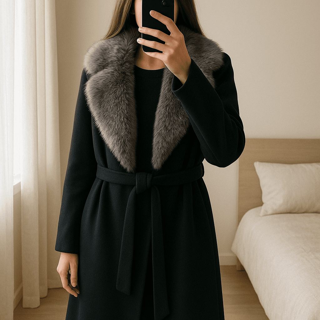 Casaco de pele de pêssego em pé, de frente para a câmera, em um quarto com iluminação suave e luz natural filtrando pela janela.