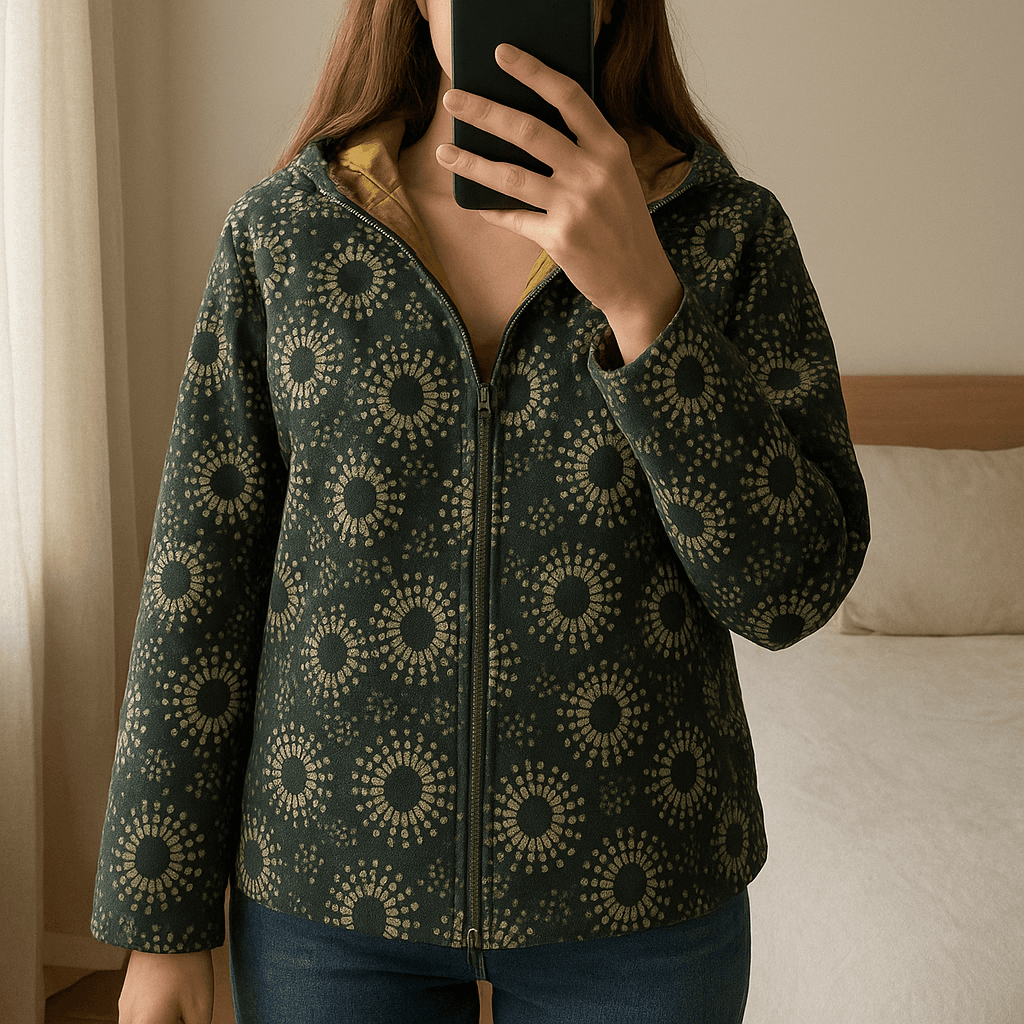 Sobretudo da Desigual em pé, de frente para a câmera, em um quarto com iluminação suave e luz natural filtrando pela janela.