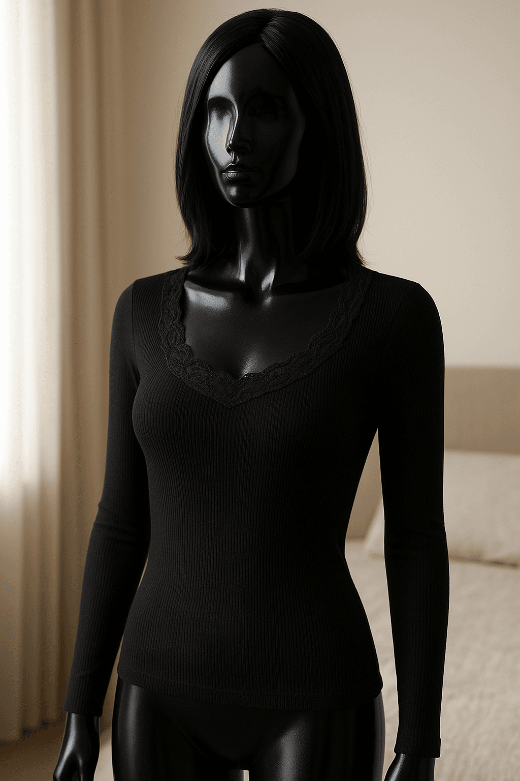 eine glänzende schwarze Kunststoffpuppe ohne Gesichtszüge in Schwarzes Langarm-T-Shirt aufrecht stehend, der Kamera zugewandt, mit schlanker Figur, in einem sanft beleuchteten Schlafzimmer, mit natürlichem Licht, das durch ein Fenster fällt.