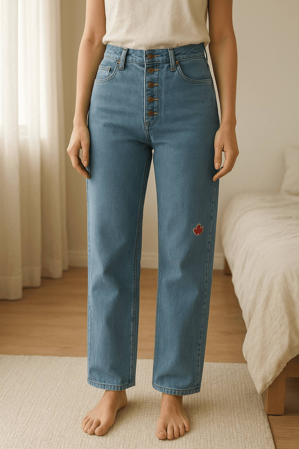 Calças azuis marca Noon mulher tam 36 em pé, de frente para a câmera, em um quarto com iluminação suave e luz natural filtrando pela janela.