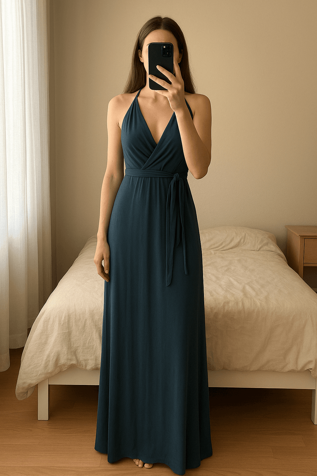 Royal Codes top and skirt set em pé, de frente para a câmera, em um quarto com iluminação suave e luz natural filtrando pela janela.