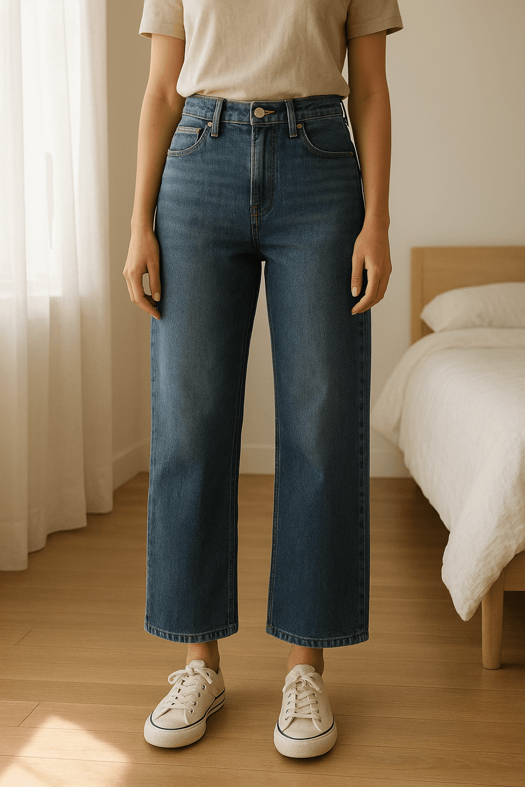 Jean Droit de pie, mirando a la cámara, en un dormitorio con luz suave y natural filtrándose por la ventana.