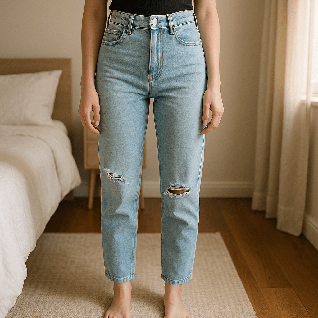 Una persona con Vaqueros Stradivarius rodillas rotas de pie, mirando a la cámara, con tipo de cuerpo delgado, en un dormitorio con luz suave y natural filtrándose por la ventana.