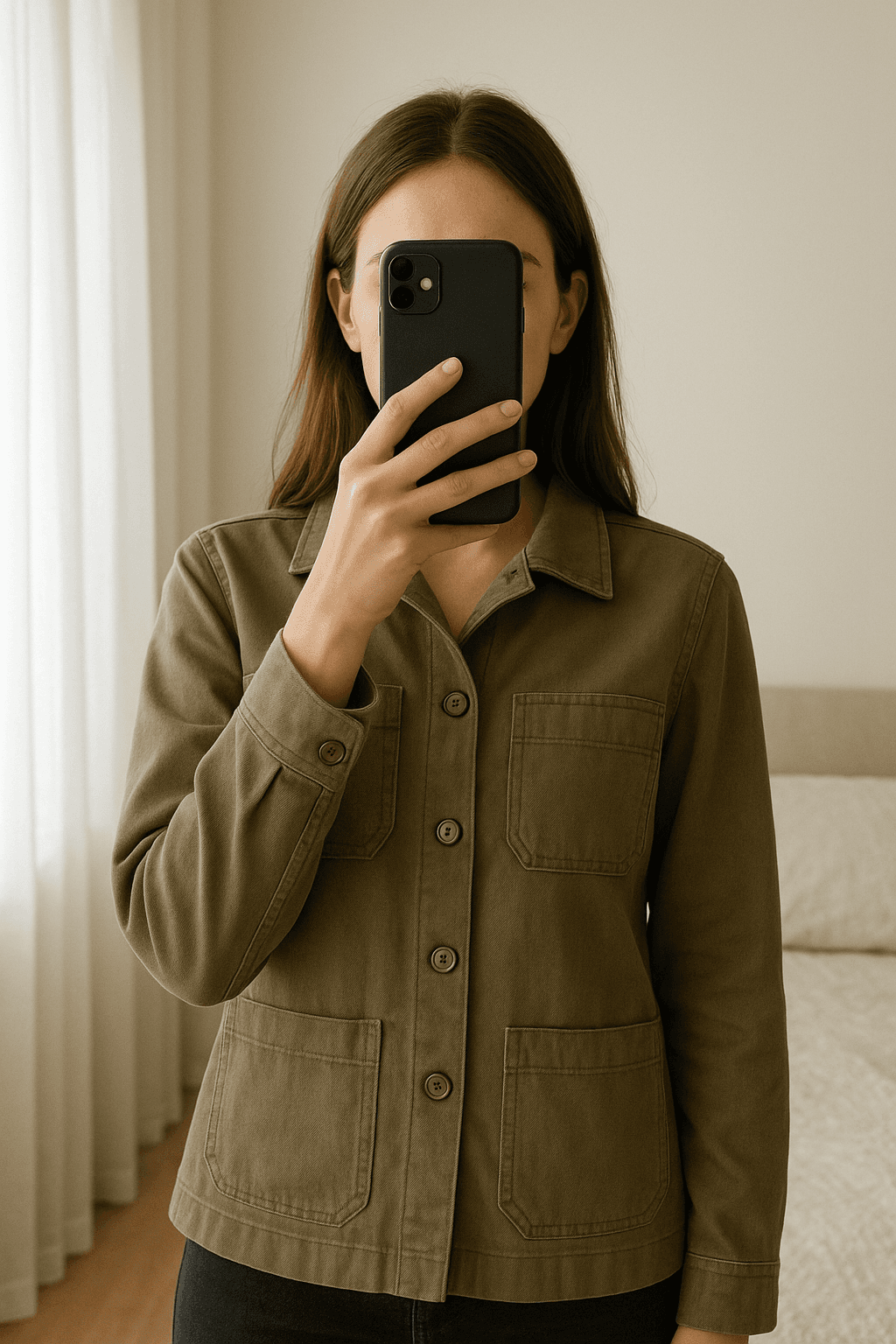 Veste Sud Express Taille M aufrecht stehend, der Kamera zugewandt, in einem sanft beleuchteten Schlafzimmer, mit natürlichem Licht, das durch ein Fenster fällt.