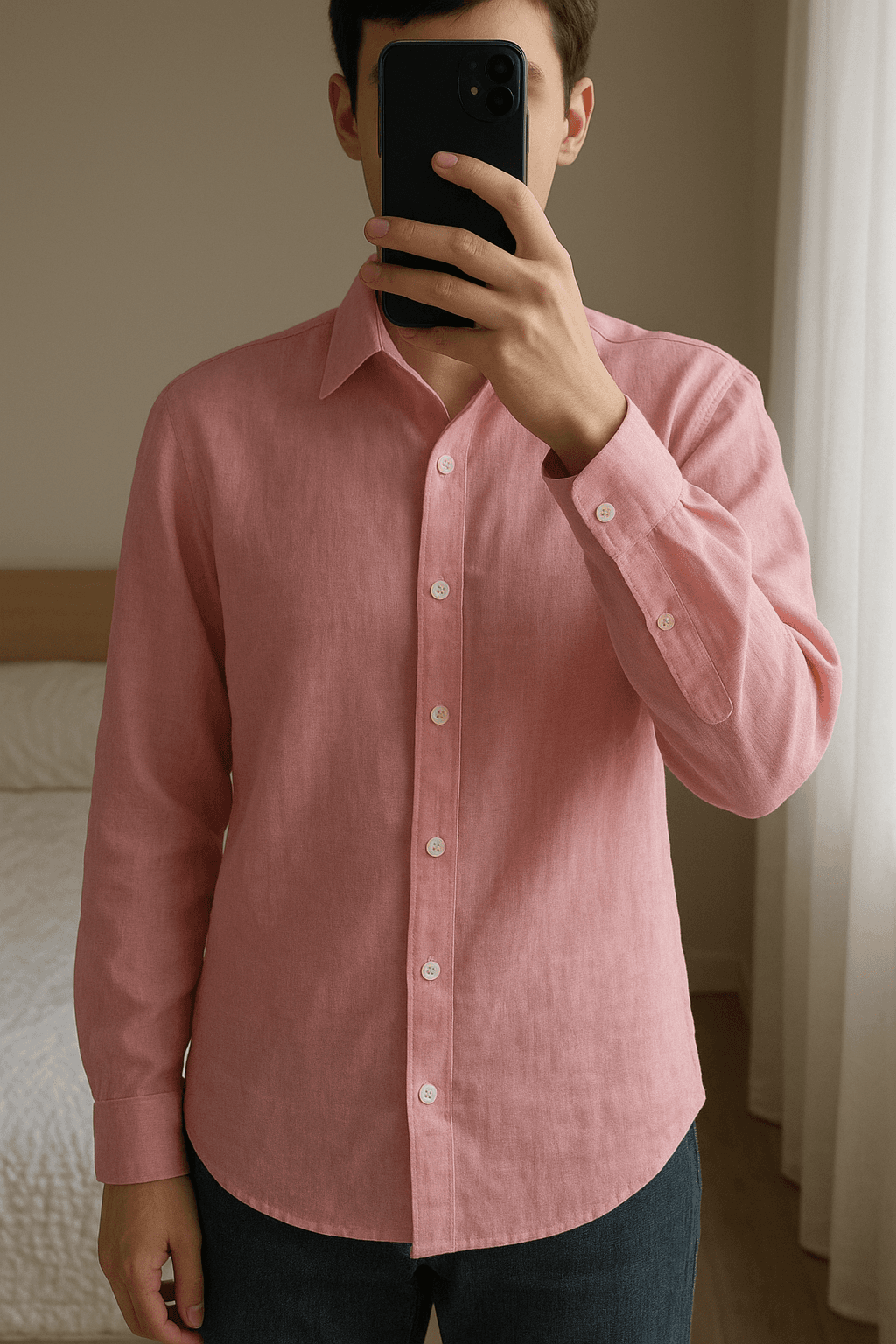 Kiton Leinenhemd Rosa aufrecht stehend, der Kamera zugewandt, in einem sanft beleuchteten Schlafzimmer, mit natürlichem Licht, das durch ein Fenster fällt.