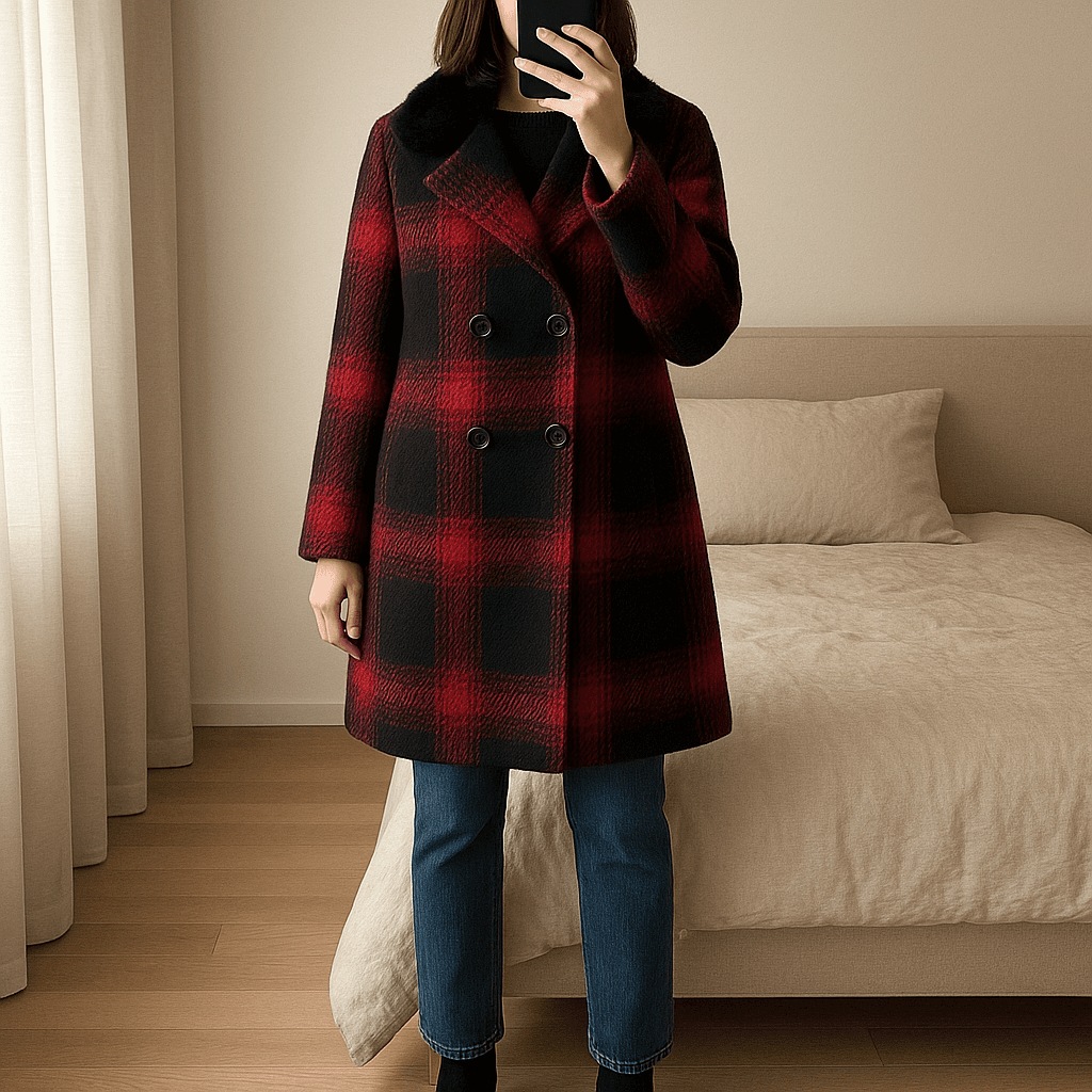 Casaco comprido da Mango em pé, de frente para a câmera, em um quarto com iluminação suave e luz natural filtrando pela janela.