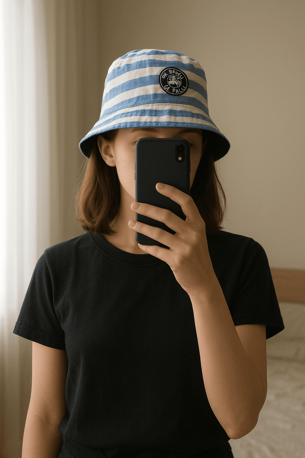 Sommermütze aufrecht stehend, der Kamera zugewandt, in einem sanft beleuchteten Schlafzimmer, mit natürlichem Licht, das durch ein Fenster fällt.