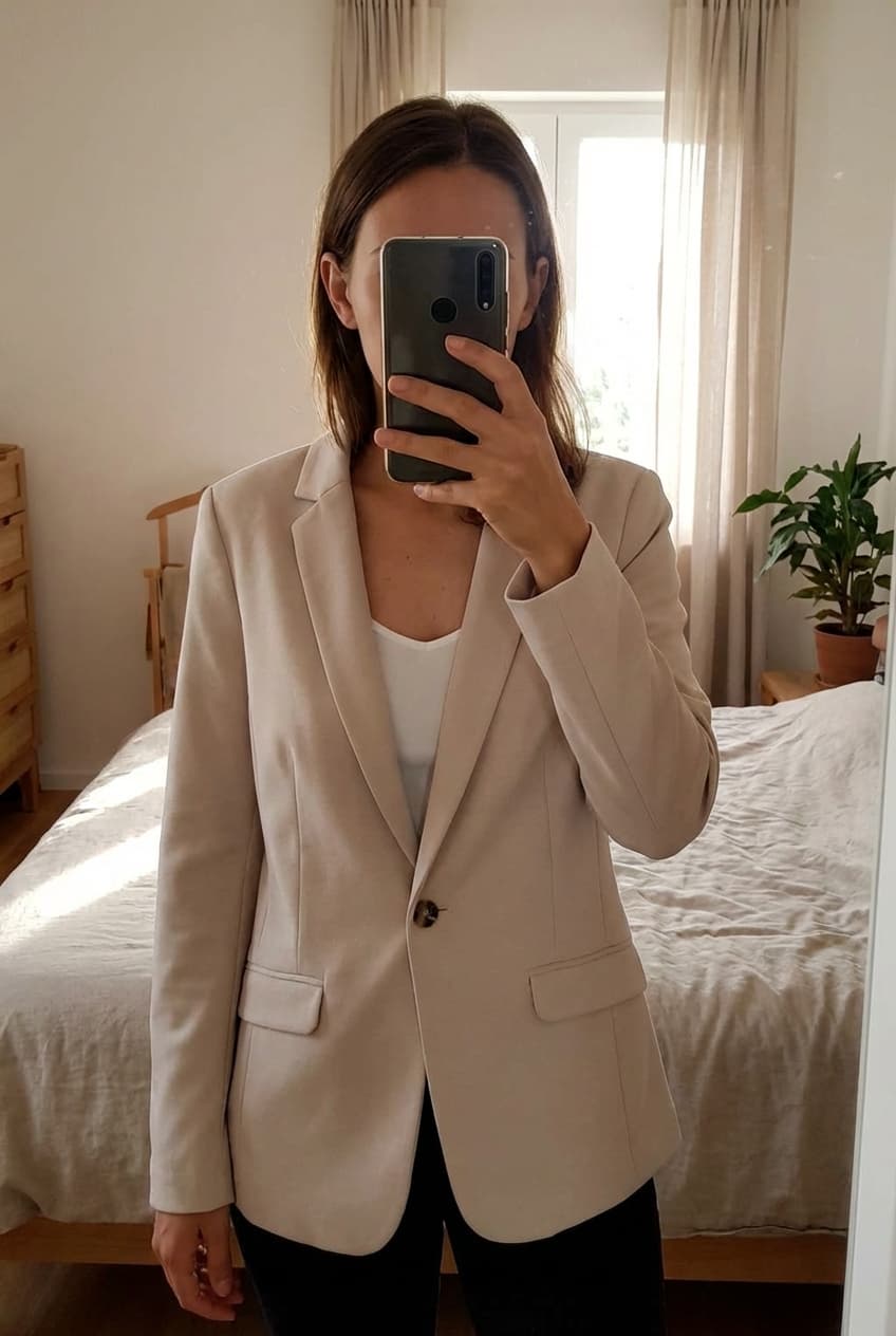Blazer chic debout, face à la caméra, dans une chambre à la lumière douce, avec une lumière naturelle filtrant par la fenêtre.