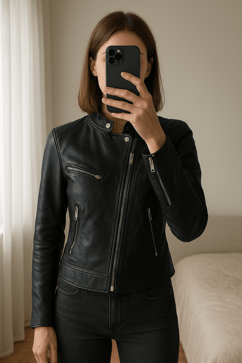 Dirbtinės odos striukė standing straight facing the camera, in a softly lit bedroom setting, with gentle natural light filtering through a window.