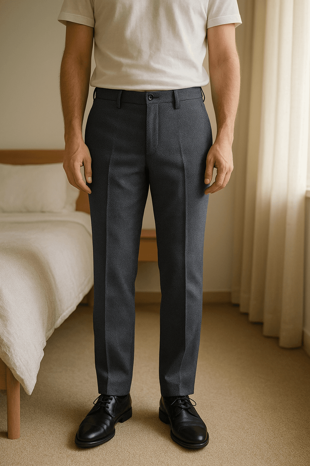 Pantaloni uomo Hugo BOSS taglia 48 in piedi, rivolto verso la fotocamera, in una camera da letto con luce soffusa e luce naturale che filtra dalla finestra.