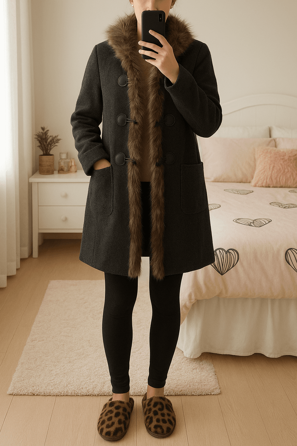 Cappotto in piedi, rivolto verso la fotocamera, in una camera da letto con luce soffusa e luce naturale che filtra dalla finestra.