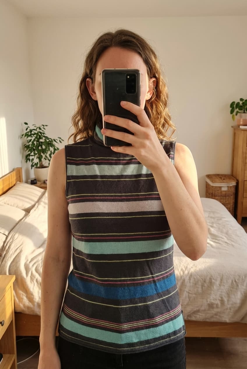 Zijden coltrui - GAP - maat XS - als nieuw debout, face à la caméra, dans une chambre à la lumière douce, avec une lumière naturelle filtrant par la fenêtre.