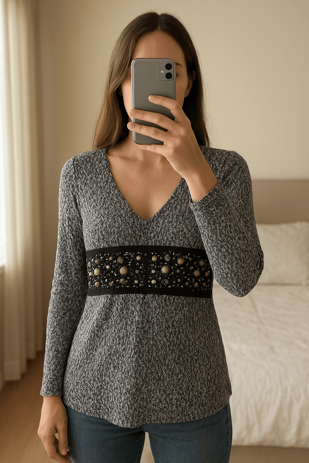 Top Ferrè stampato effeto animalier maniche tre quarti con scollatura profonda in piedi, rivolto verso la fotocamera, in una camera da letto con luce soffusa e luce naturale che filtra dalla finestra.