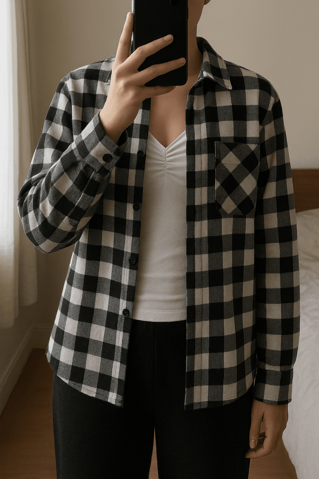 camicia a quadri in piedi, rivolto verso la fotocamera, in una camera da letto con luce soffusa e luce naturale che filtra dalla finestra.