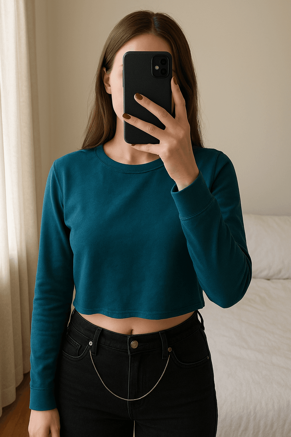 crop top maniche lunghe, donna, catenina, aderente in piedi, rivolto verso la fotocamera, in una camera da letto con luce soffusa e luce naturale che filtra dalla finestra.