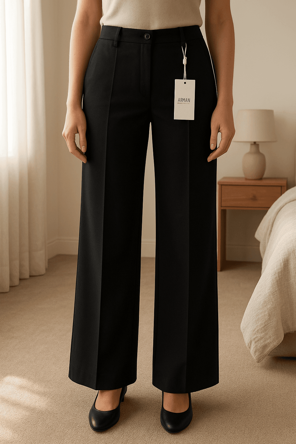 Vintage Armani Collezioni - Black Wide Leg Trousers IT 40 / EU 36 in piedi, rivolto verso la fotocamera, in una camera da letto con luce soffusa e luce naturale che filtra dalla finestra.