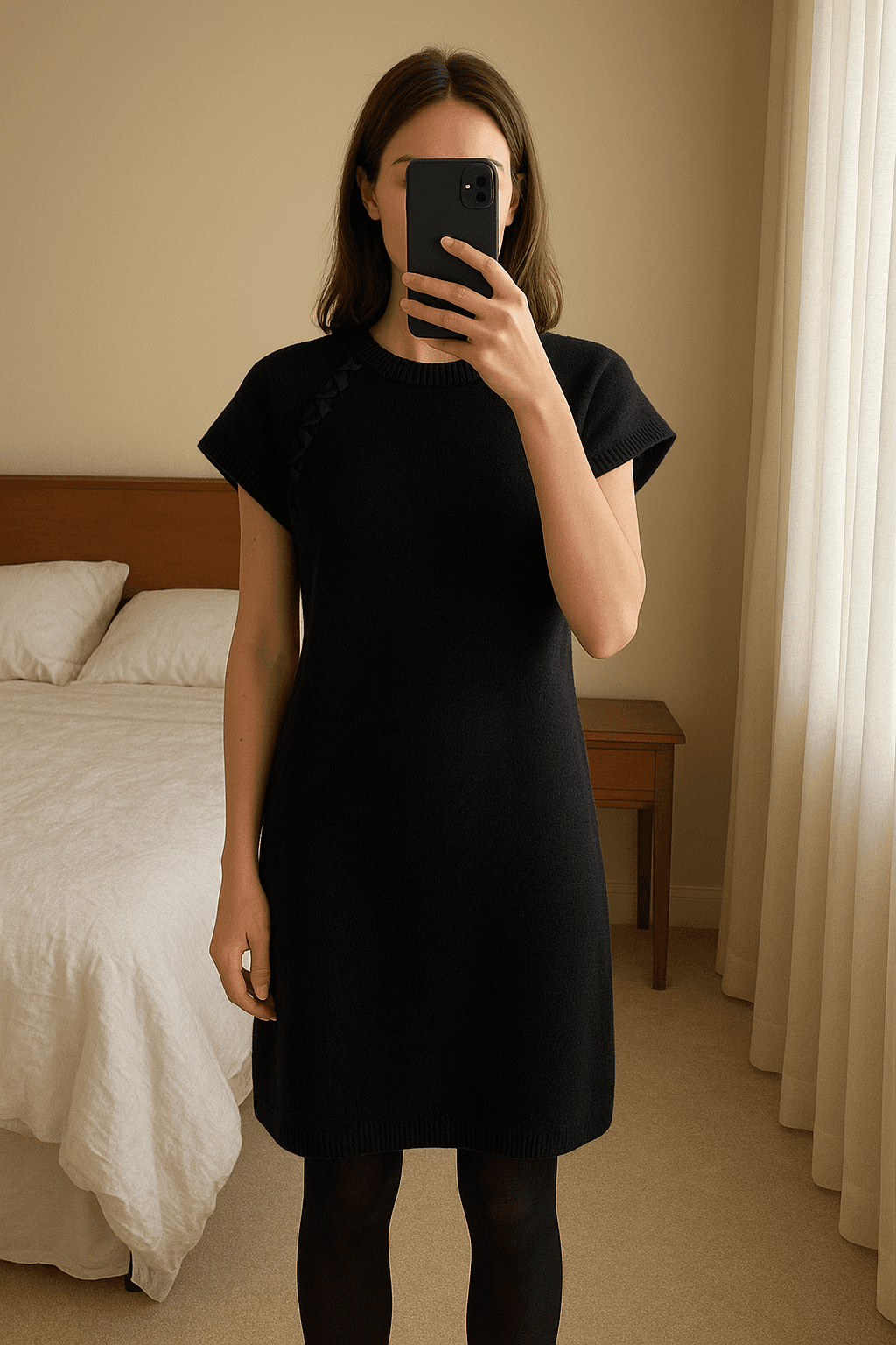 Zara taglia M tubino misto lana nero in piedi, rivolto verso la fotocamera, in una camera da letto con luce soffusa e luce naturale che filtra dalla finestra.