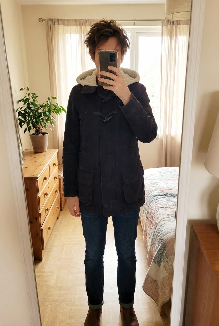 Parka bleu marine debout, face à la caméra, dans une chambre à la lumière douce, avec une lumière naturelle filtrant par la fenêtre.