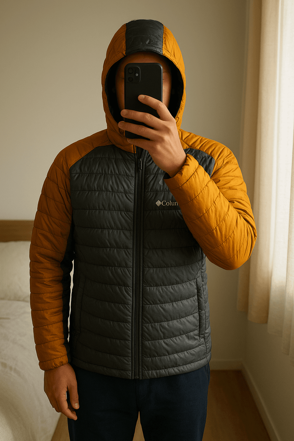 Giacca imbottita tecnica bicolore nero/arancio – buon stato in piedi, rivolto verso la fotocamera, in una camera da letto con luce soffusa e luce naturale che filtra dalla finestra.