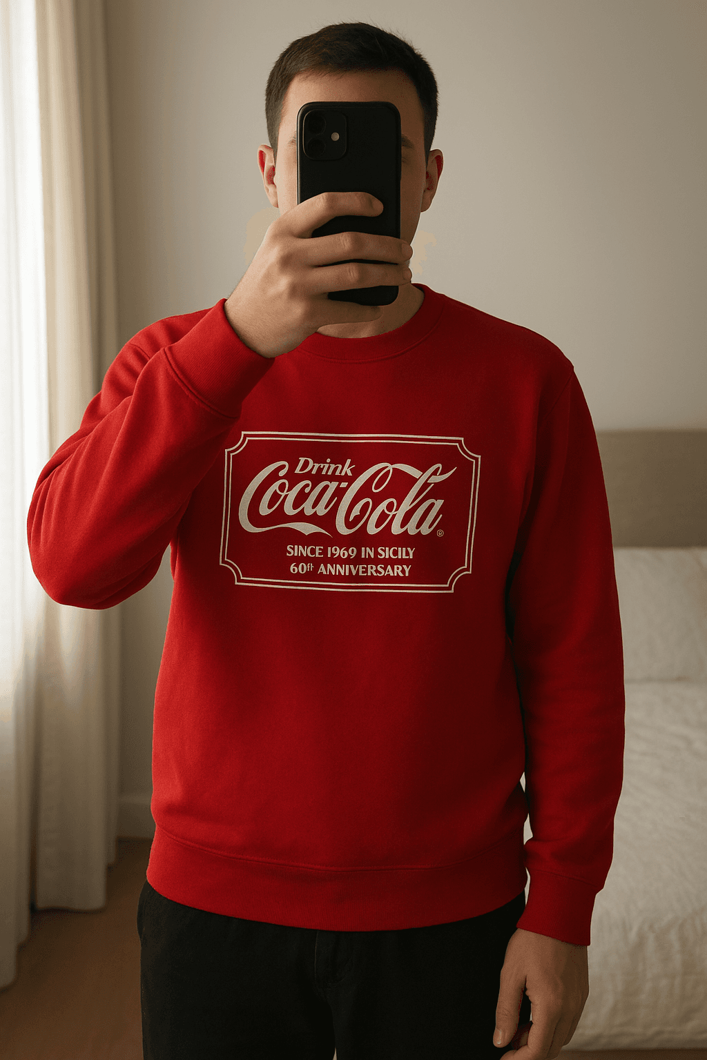 Felpa Coca Cola Sicily Limited Rossa M Unisex in piedi, rivolto verso la fotocamera, in una camera da letto con luce soffusa e luce naturale che filtra dalla finestra.