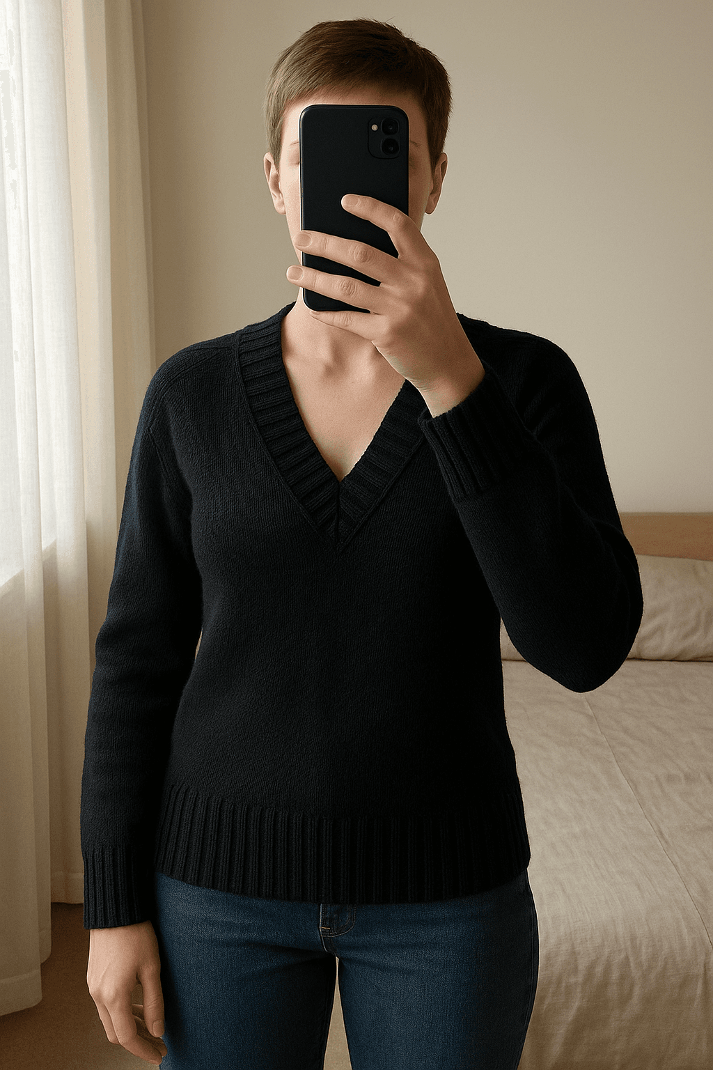 Warme trui - Tommy Hilfiger - Maat XS - goed debout, face à la caméra, dans une chambre à la lumière douce, avec une lumière naturelle filtrant par la fenêtre.