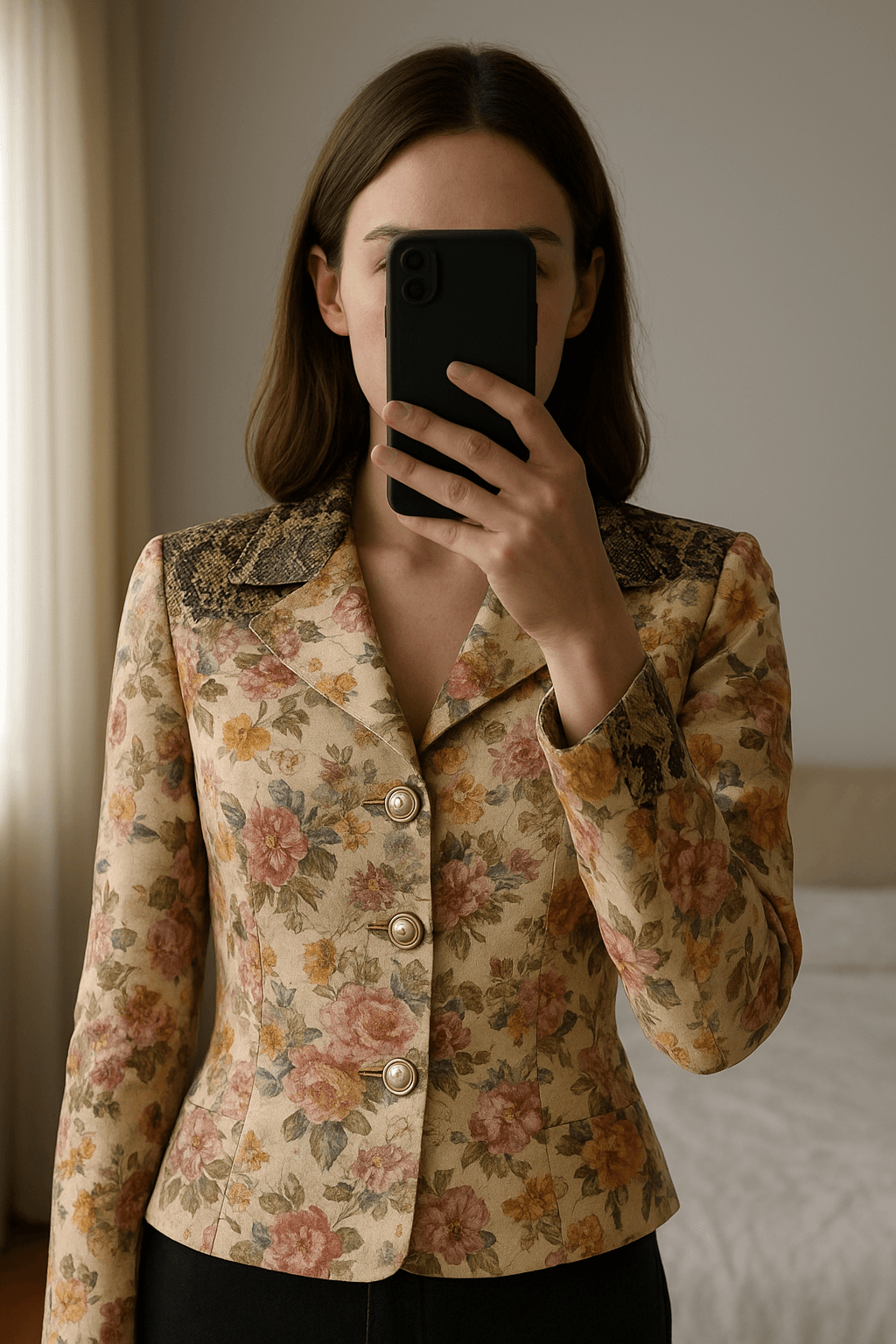 Extraordinary Blazer - Dolce & Gabbana - stunning condition em pé, de frente para a câmera, em um quarto com iluminação suave e luz natural filtrando pela janela.