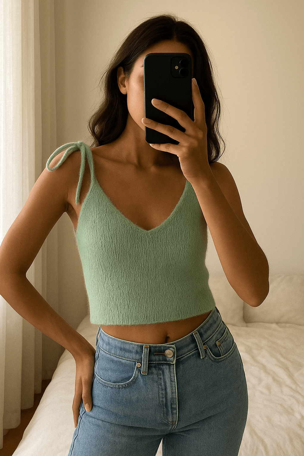 Una persona in Top verde menta di Zara, taglia S (IT 40 / EU 36) inarcando leggermente la schiena per una posa dinamica, con corporatura snella, in una camera da letto con luce soffusa e luce naturale che filtra dalla finestra.