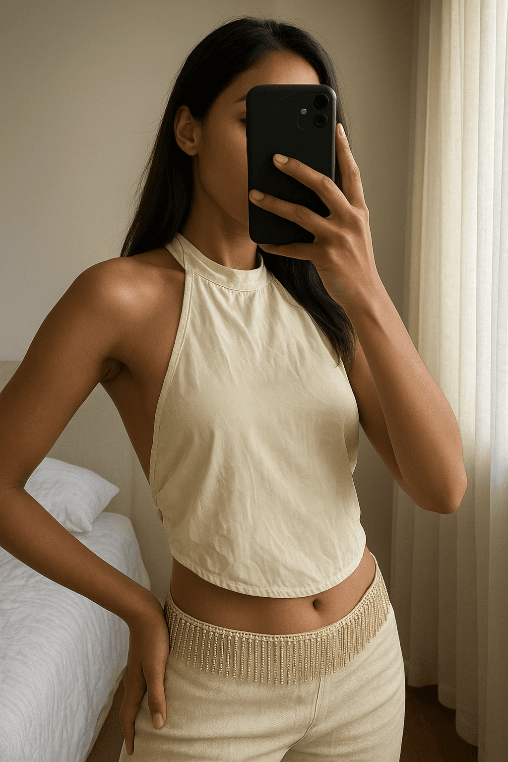 Una persona in Top elegante bianco con frange gioiello - Tezenis (Taglia XS) inarcando leggermente la schiena per una posa dinamica, con corporatura snella, in una camera da letto con luce soffusa e luce naturale che filtra dalla finestra.