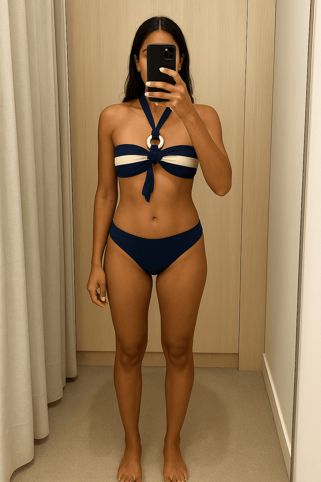 Una persona in Costume blu Calzedonia in piedi, rivolto verso la fotocamera, in un camerino in stile boutique con specchio e decorazioni neutre.