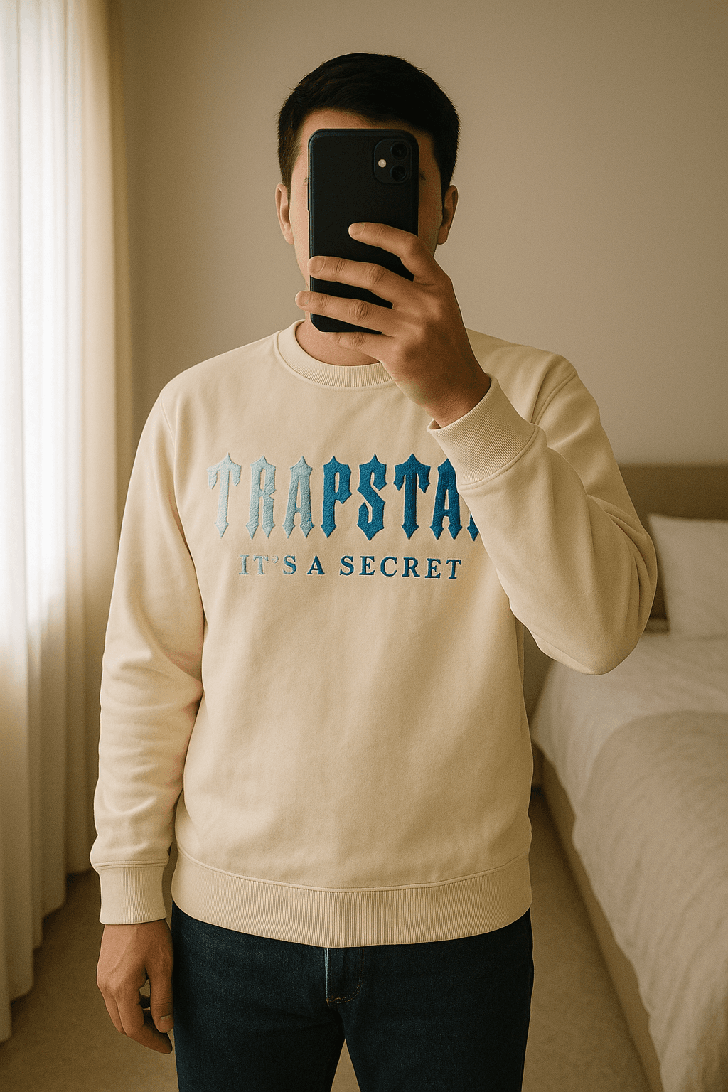 Trapstar Jumper standing straight facing the camera, in a softly lit bedroom setting, with gentle natural light filtering through a window.
