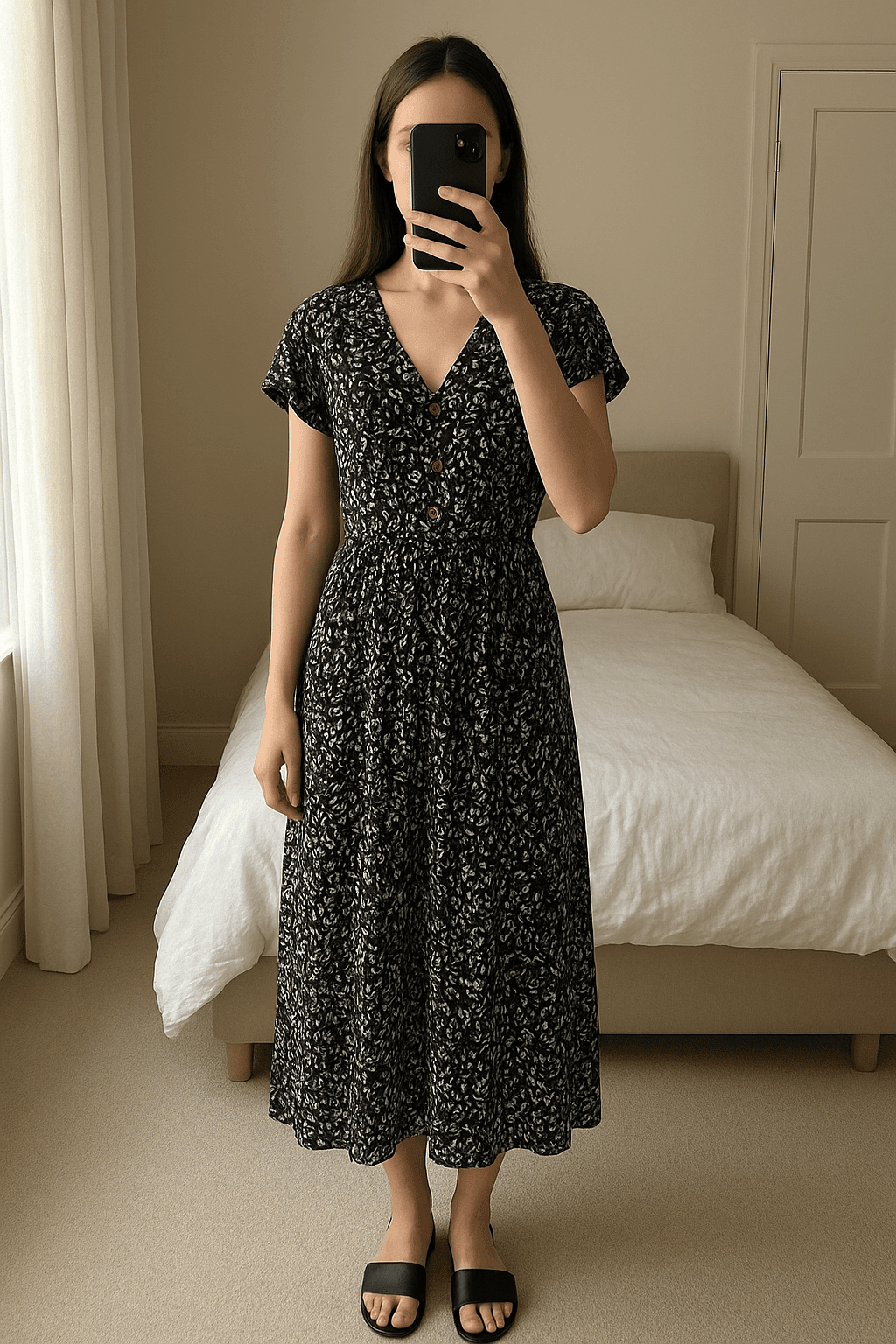 Gorgeous size 22 black & white jumpsuit from George standing straight facing the camera, in a softly lit bedroom setting, with gentle natural light filtering through a window.