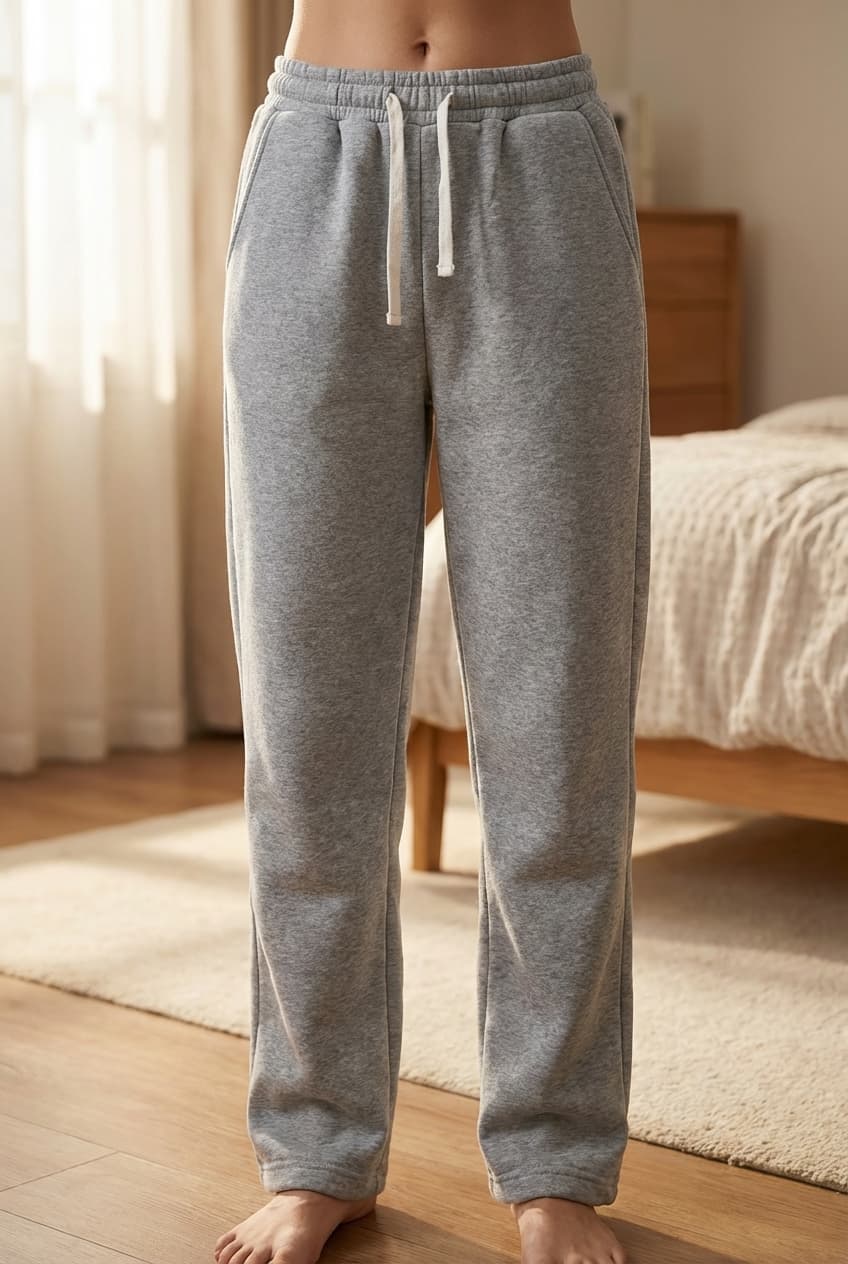 Jogging gris debout, face à la caméra, dans une chambre à la lumière douce, avec une lumière naturelle filtrant par la fenêtre.