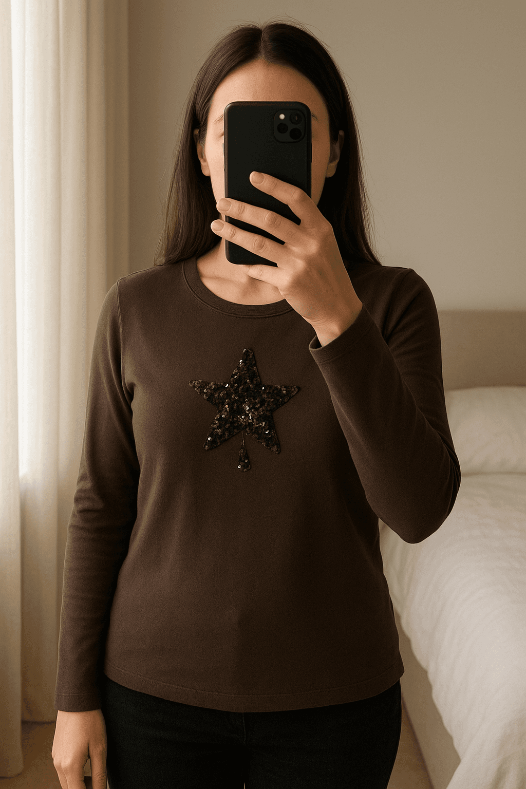 Leuke taupekleurige bruine trui - Xandres - maat M - als nieuw debout, face à la caméra, dans une chambre à la lumière douce, avec une lumière naturelle filtrant par la fenêtre.