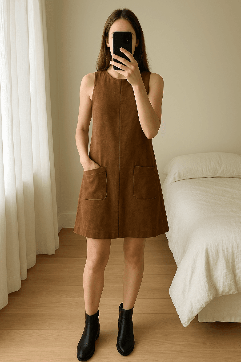 Vestito camoscio in piedi, rivolto verso la fotocamera, in una camera da letto con luce soffusa e luce naturale che filtra dalla finestra.