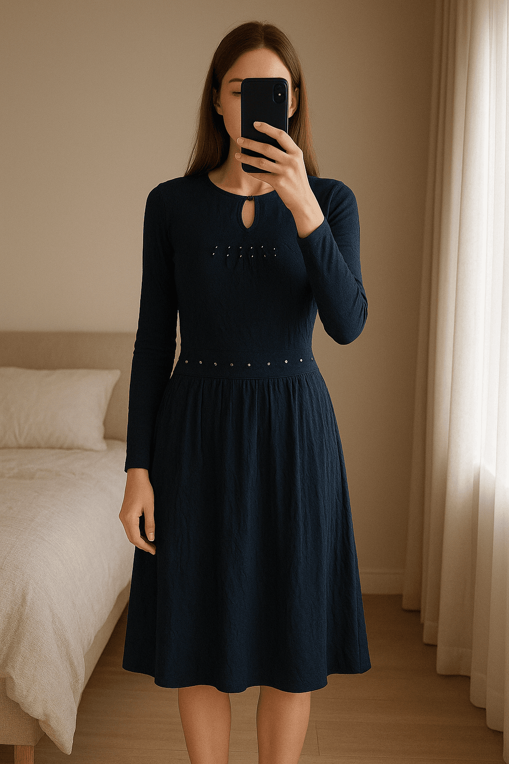 Nieuwe blauwe Ensemble - La Gaviotta - maat 4 debout, face à la caméra, dans une chambre à la lumière douce, avec une lumière naturelle filtrant par la fenêtre.