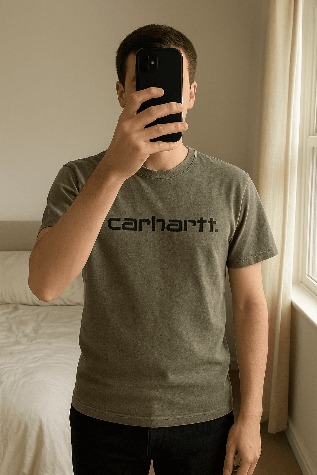 Tee carhartt in piedi, rivolto verso la fotocamera, in una camera da letto con luce soffusa e luce naturale che filtra dalla finestra.