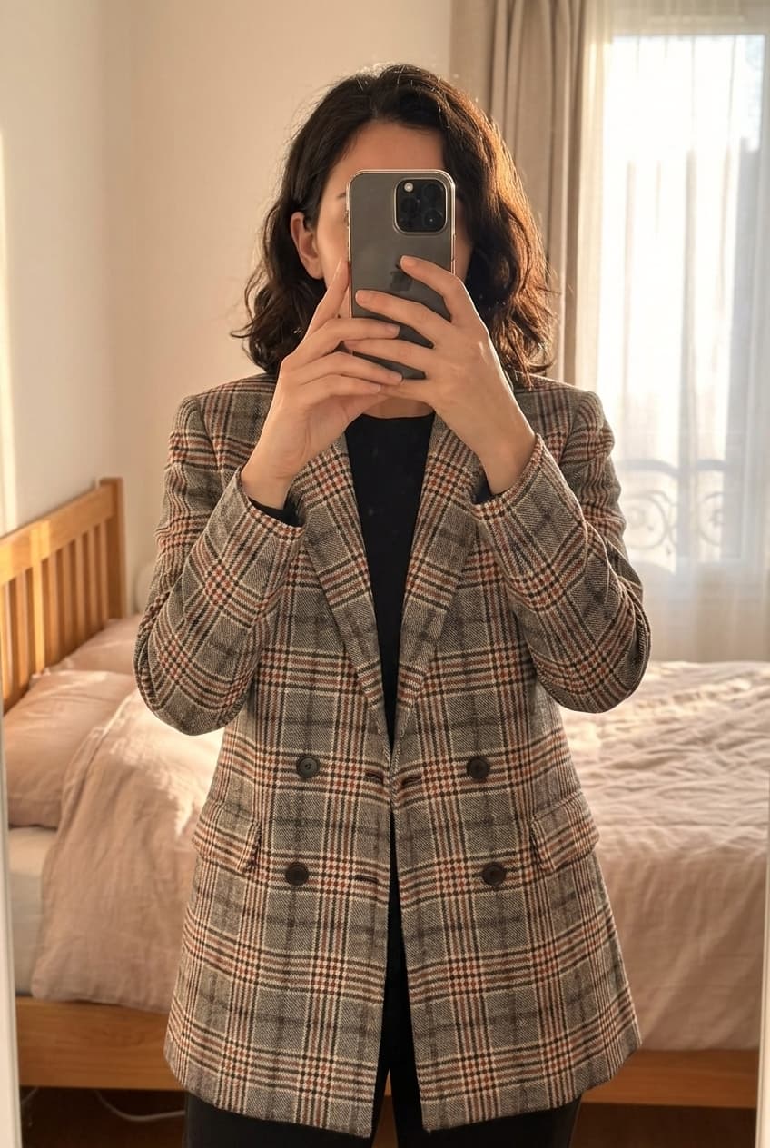 Veste Sandro T38 debout, face à la caméra, dans une chambre à la lumière douce, avec une lumière naturelle filtrant par la fenêtre.